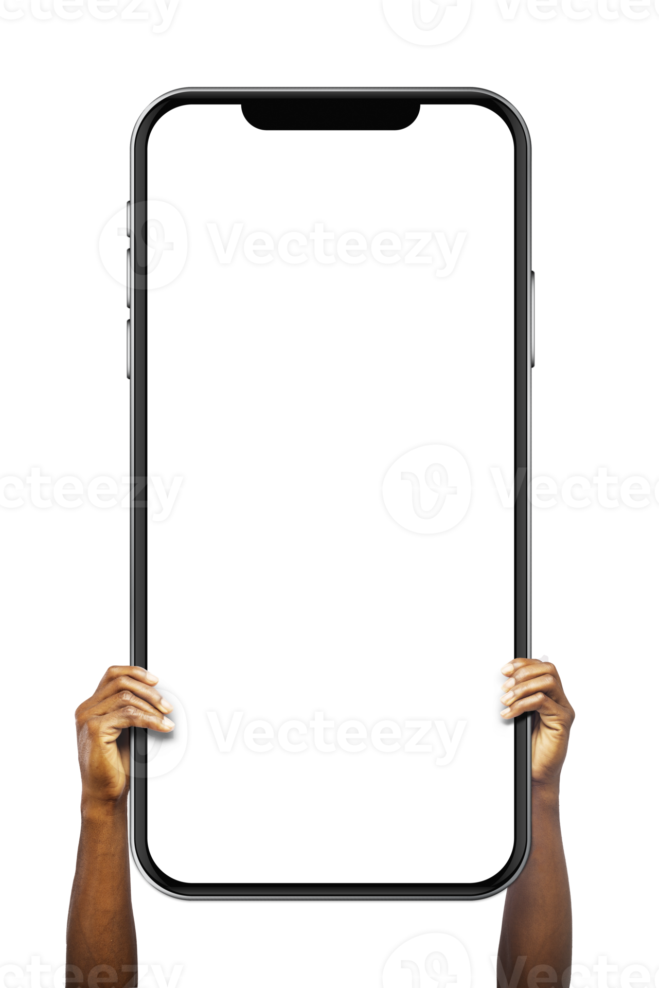 Black male hands holding big phone facing camera isolated on transparent background. blank