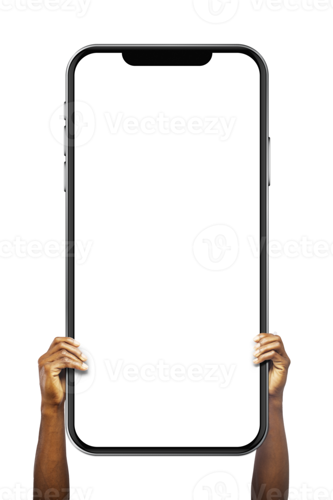 mains mâles noires tenant un gros téléphone face à la caméra isolée sur fond transparent. écran vide, maquette d'écran de téléphone, vue de face, chemin de détourage, espace de copie gratuit, masque png