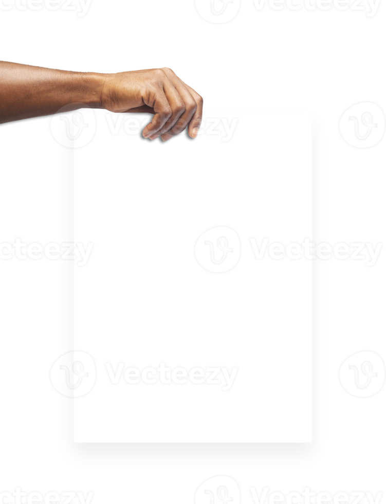 hand holding blank paper isolated on transparent background. design mockup, front view, clipping path, Free copy space, mask png