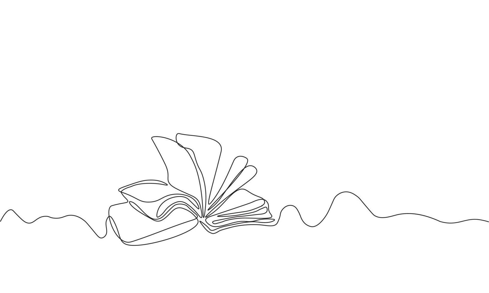 Continuous one line drawing of open book with flying pages. Vector illustration of educational supplies back to school theme and library