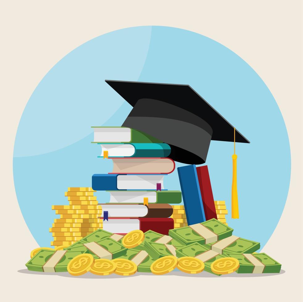 Education and money vector illustration, flat cartoon graduation hat and coins cash, concept of scholarship cost or loan, tuition or study fee, value of student knowledge, learning success