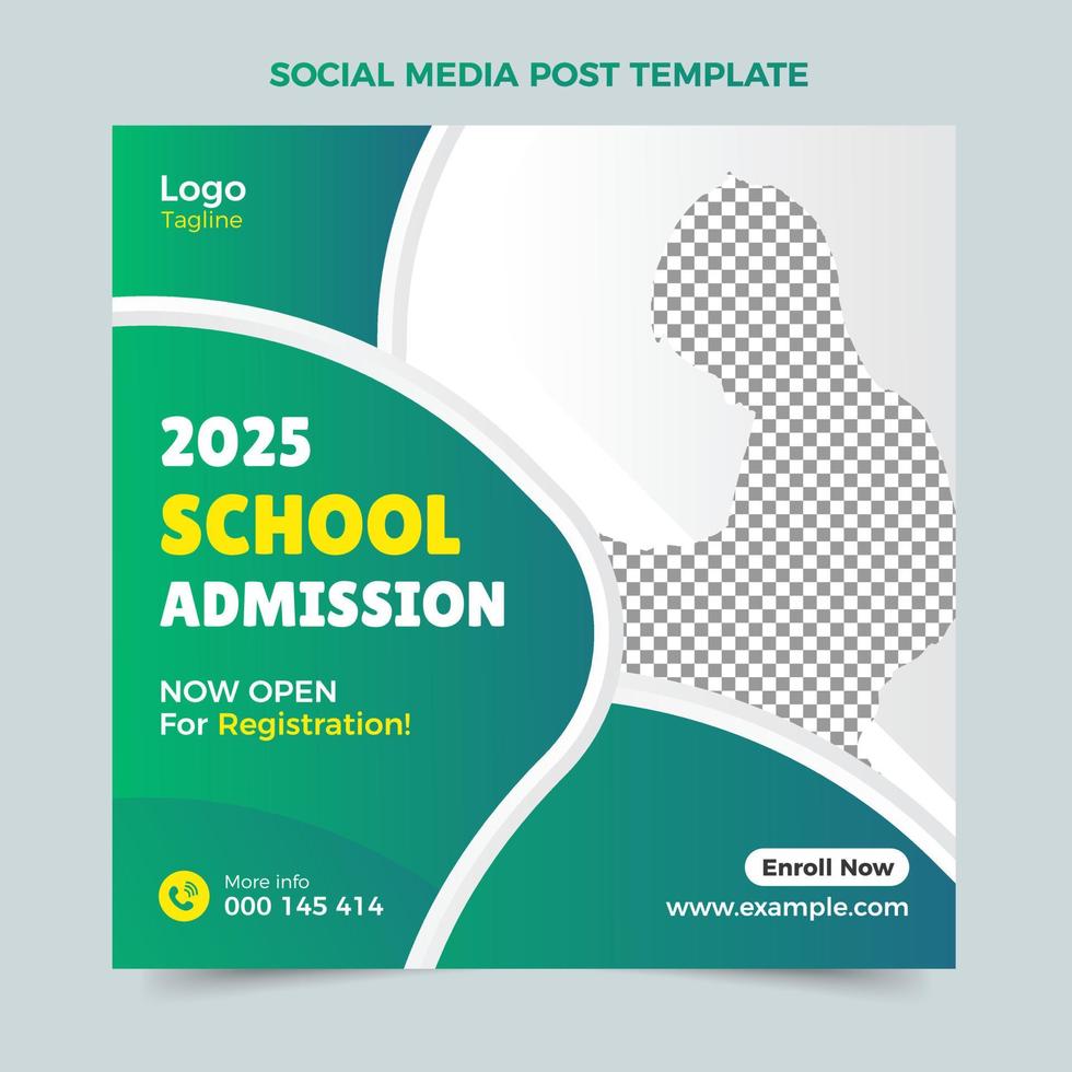 School admission social media post, Green gradient color web banner template, kids admission banner design, Squire post banner design vector