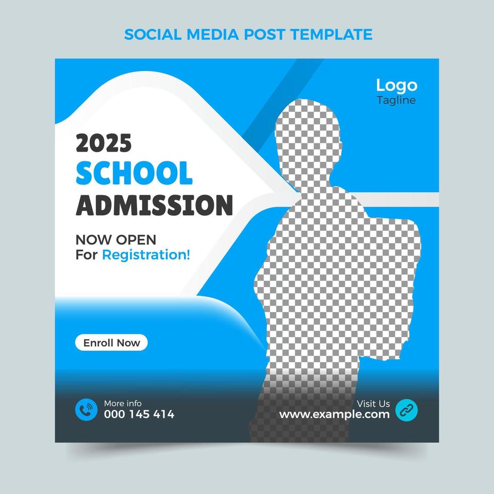 School admission social media post,  Blue web banner template, Modern kids admission banner design, Squire post banner design vector