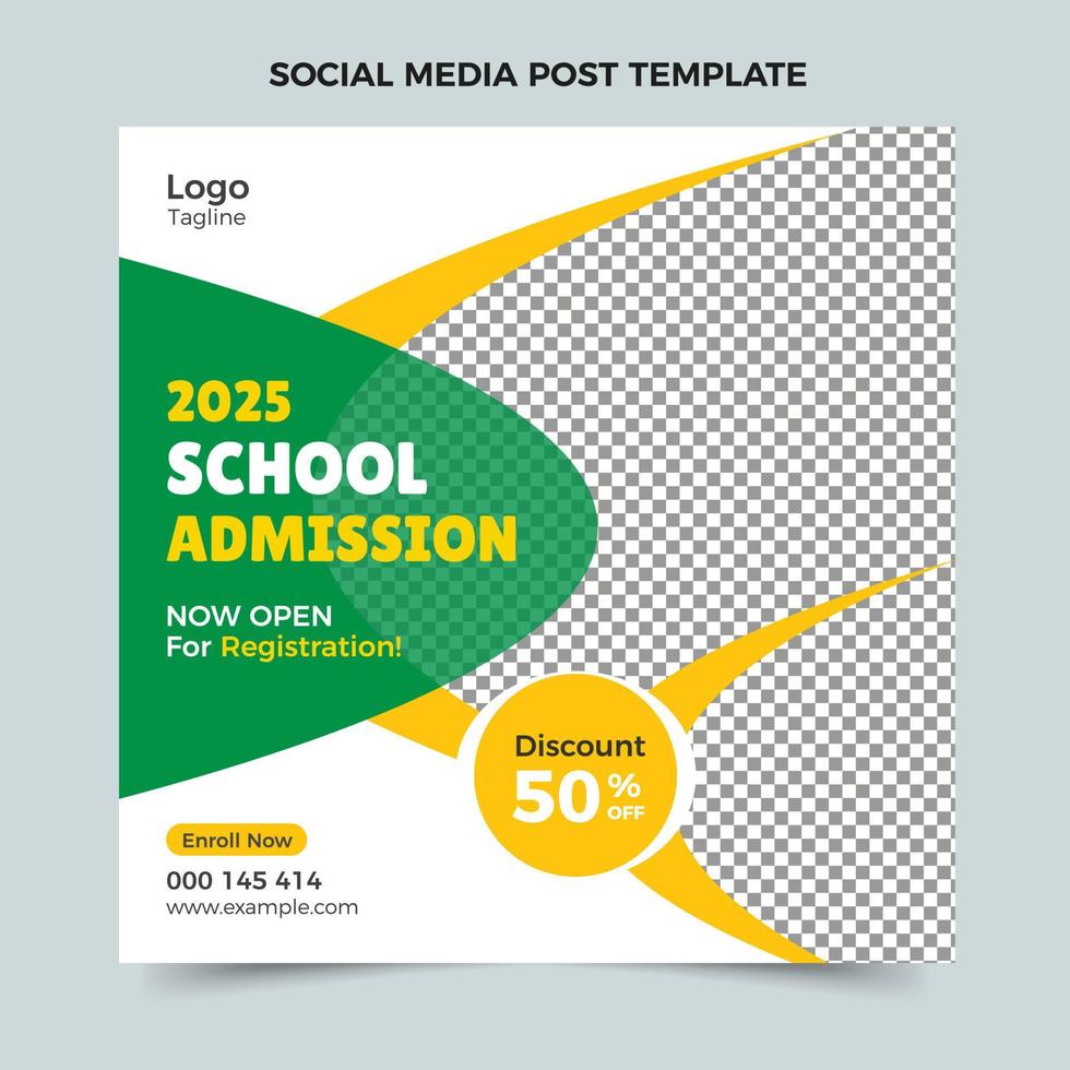 School admission social media post,  Green and yellow web banner template, kids admission banner design, Squire post banner design vector