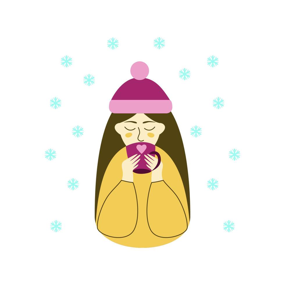 la niña bebe café, invierno, copos de nieve. ilustración vectorial vector