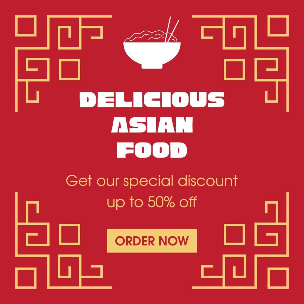 Delicious Asian food post template for social media. Advertising red square banner with yellow ornaments vector