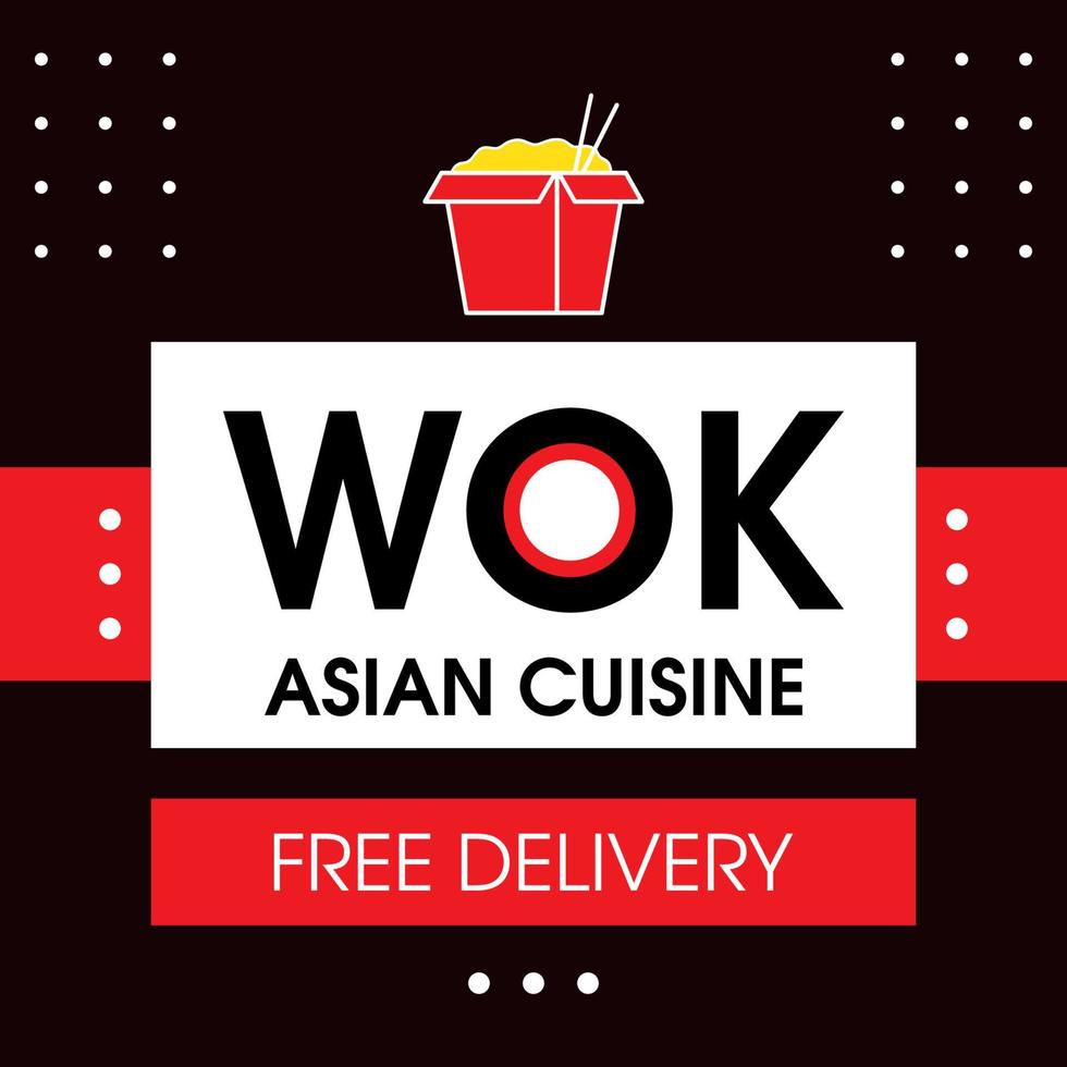 Wok Asian cuisine post template for social media. Advertising square black and red banner vector