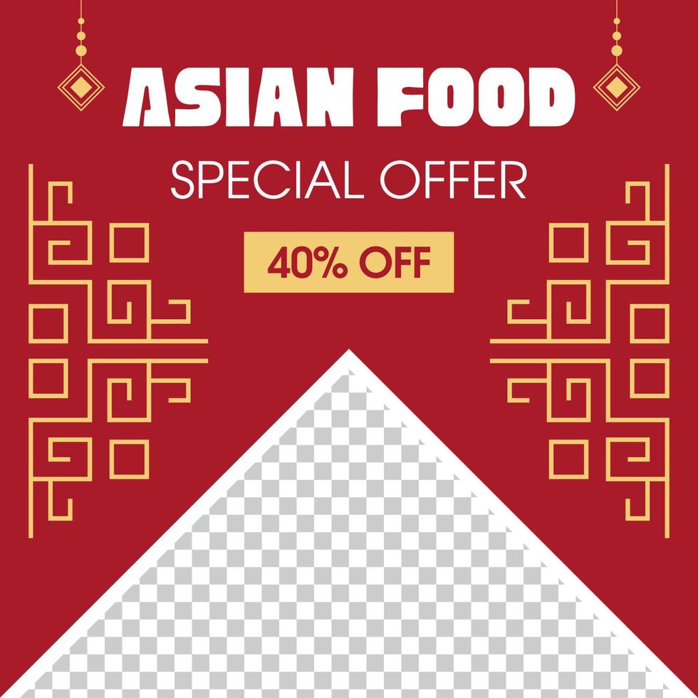 Asian food, special menu post template for social media. Advertising square red banner with yellow ornament vector