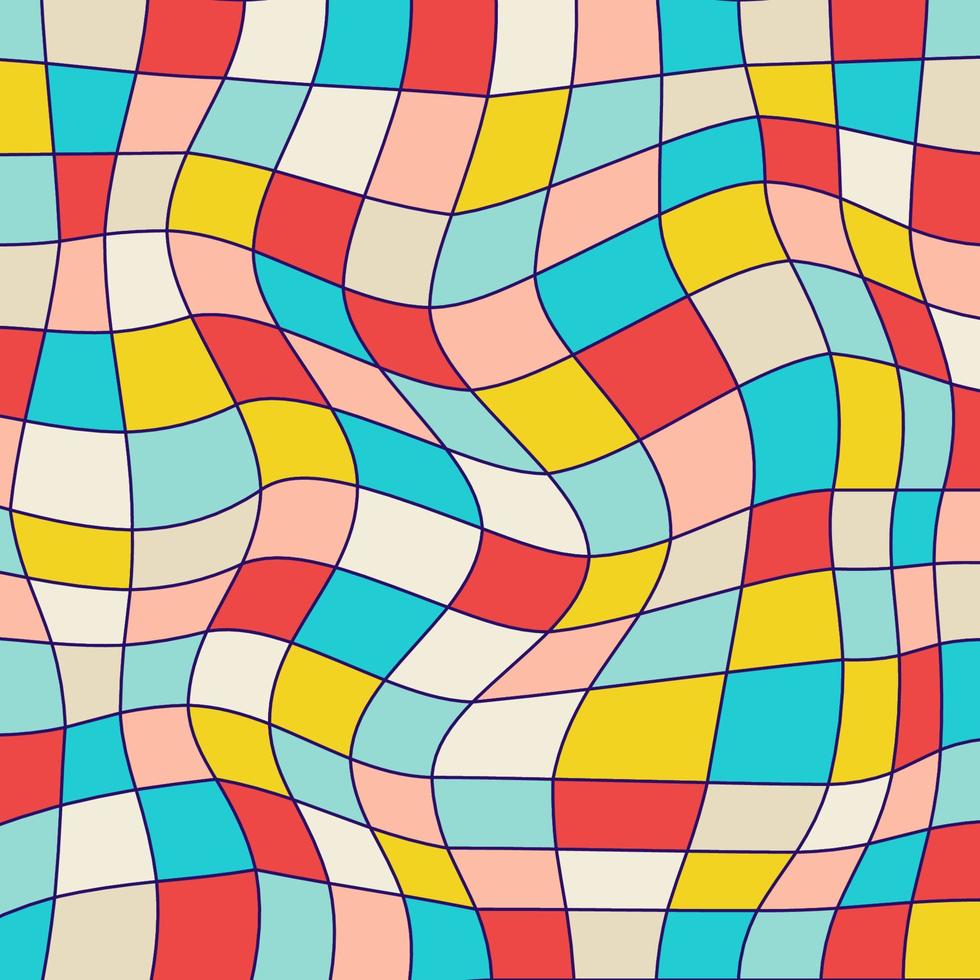 Groovy checkered background. Square psychedelic banner in retro cartoon style vector
