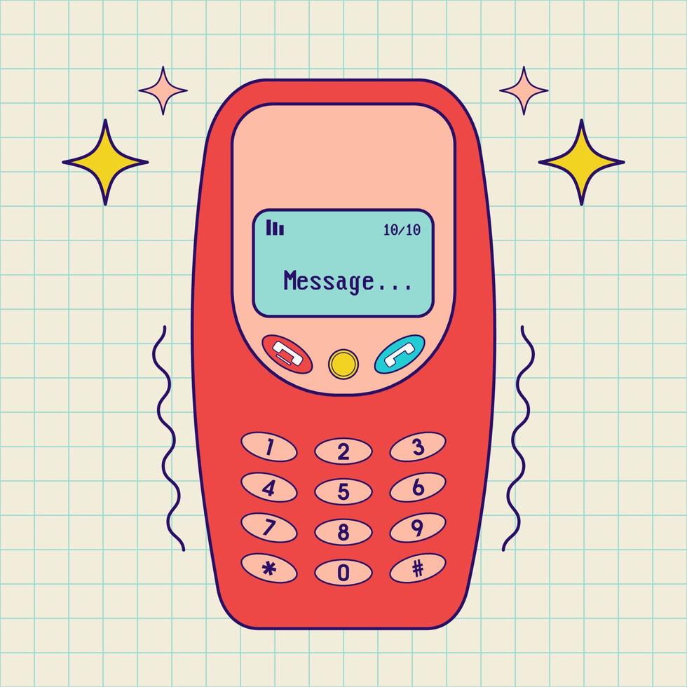 Y2k old mobile in retro cartoon style. Old-fashioned red mobile phone on a checkered paper background. Groovy print for graphic tee, square poster, bullet journal cover, card. Nostalgia for 90s. vector