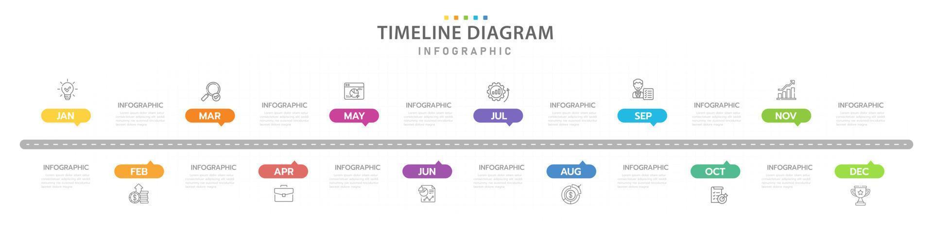 Infographic template for business. 12 Months modern Timeline diagram calendar with icon and topics, presentation vector infographic.