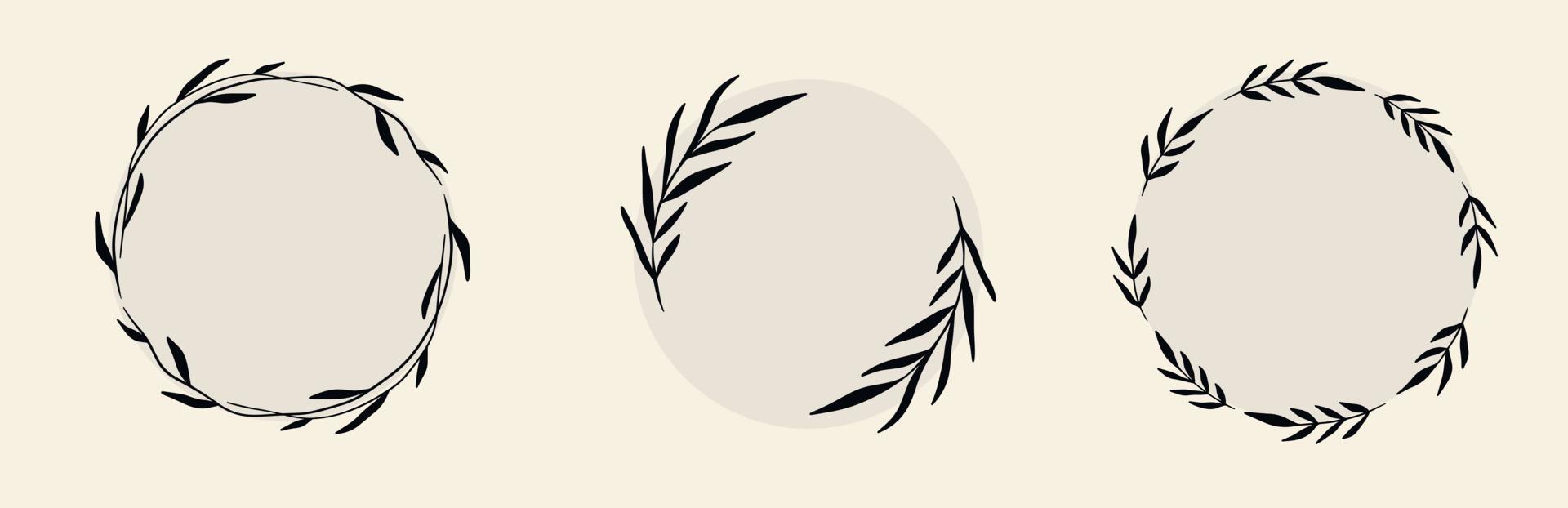 conjunto de marco floral de círculo decorativo dibujado a mano de garabato negro. corona vectorial con ramas, hierbas, plantas, hojas. ilustración aislada sobre fondo blanco vector