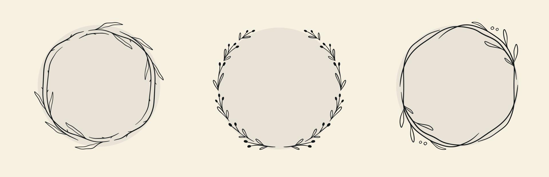 Set of black Doodle hand drawn decorative Circle floral frame. Vector Wreath with branches, herbs, plants, leaves. Isolated illustration on white background