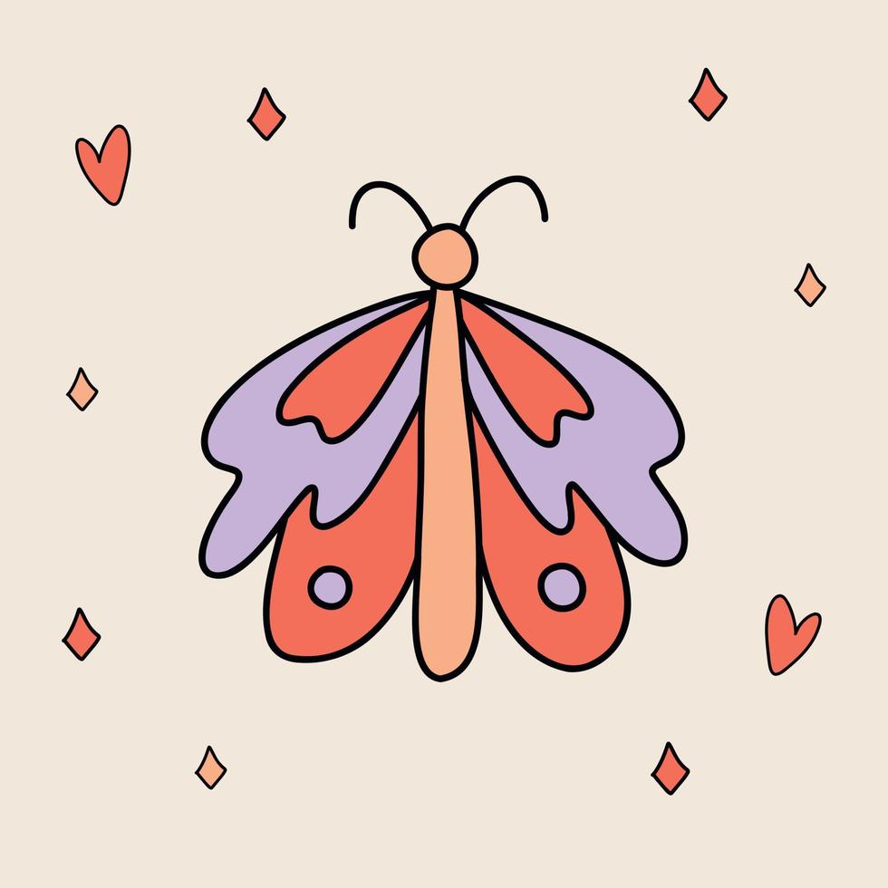 divertida pegatina retro de mariposa maravillosa. elemento psicodélico de dibujos animados vintage de los años 60 - 70. ilustración vectorial aislada vector