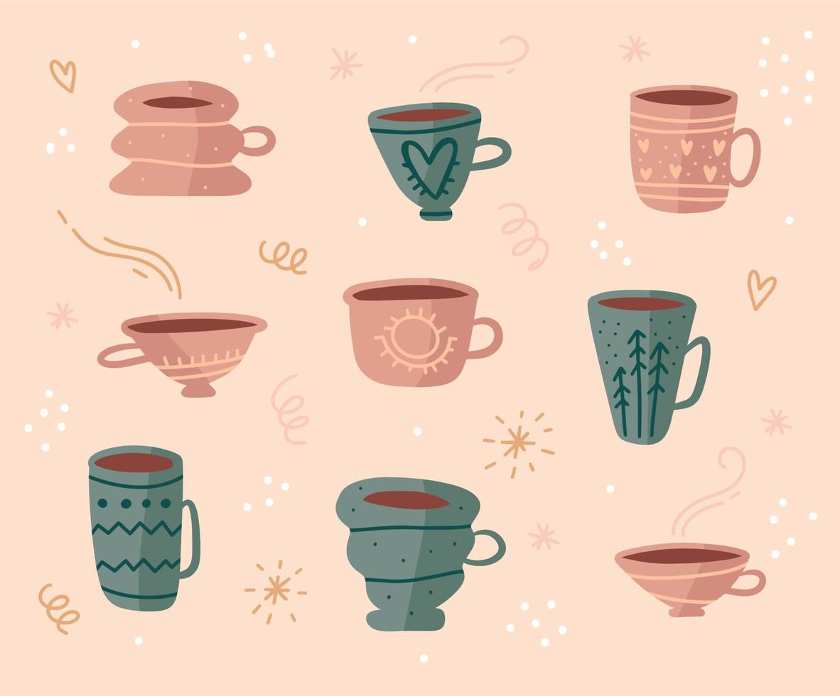 Hand drawn set of various Cups with Hot tea or coffee. Doodle vector illustration