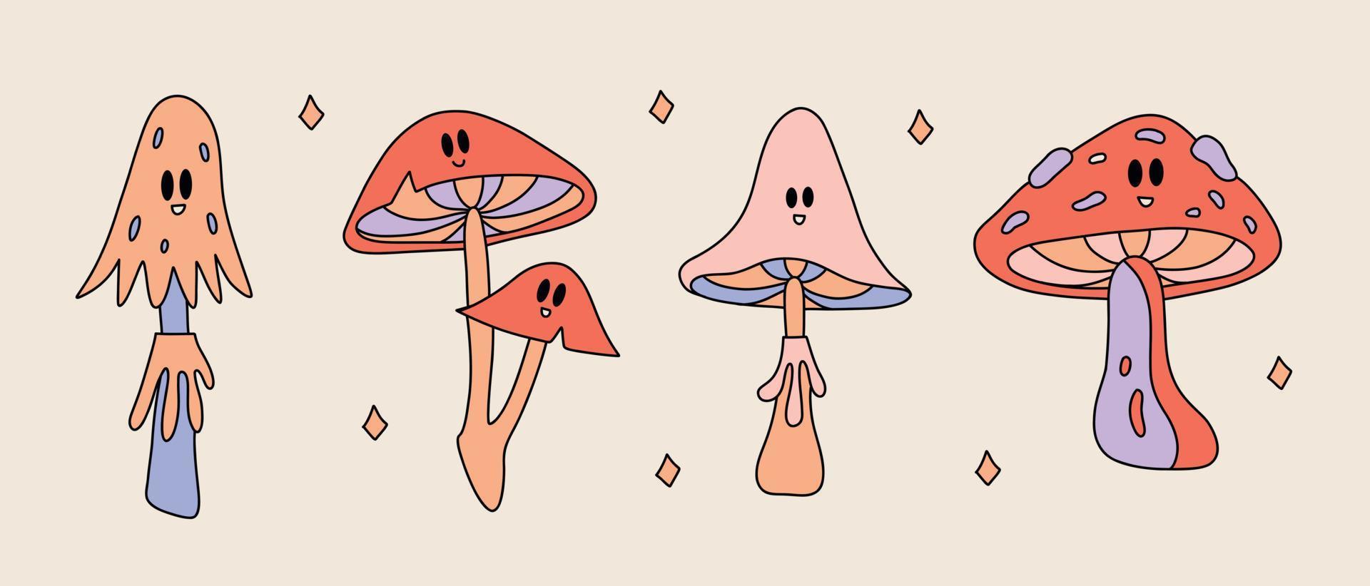 Funny retro Stickers of Psychedelic Groovy aesthetic. Vintage cartoon set of different mushrooms. Funky 60s - 70s elements vector