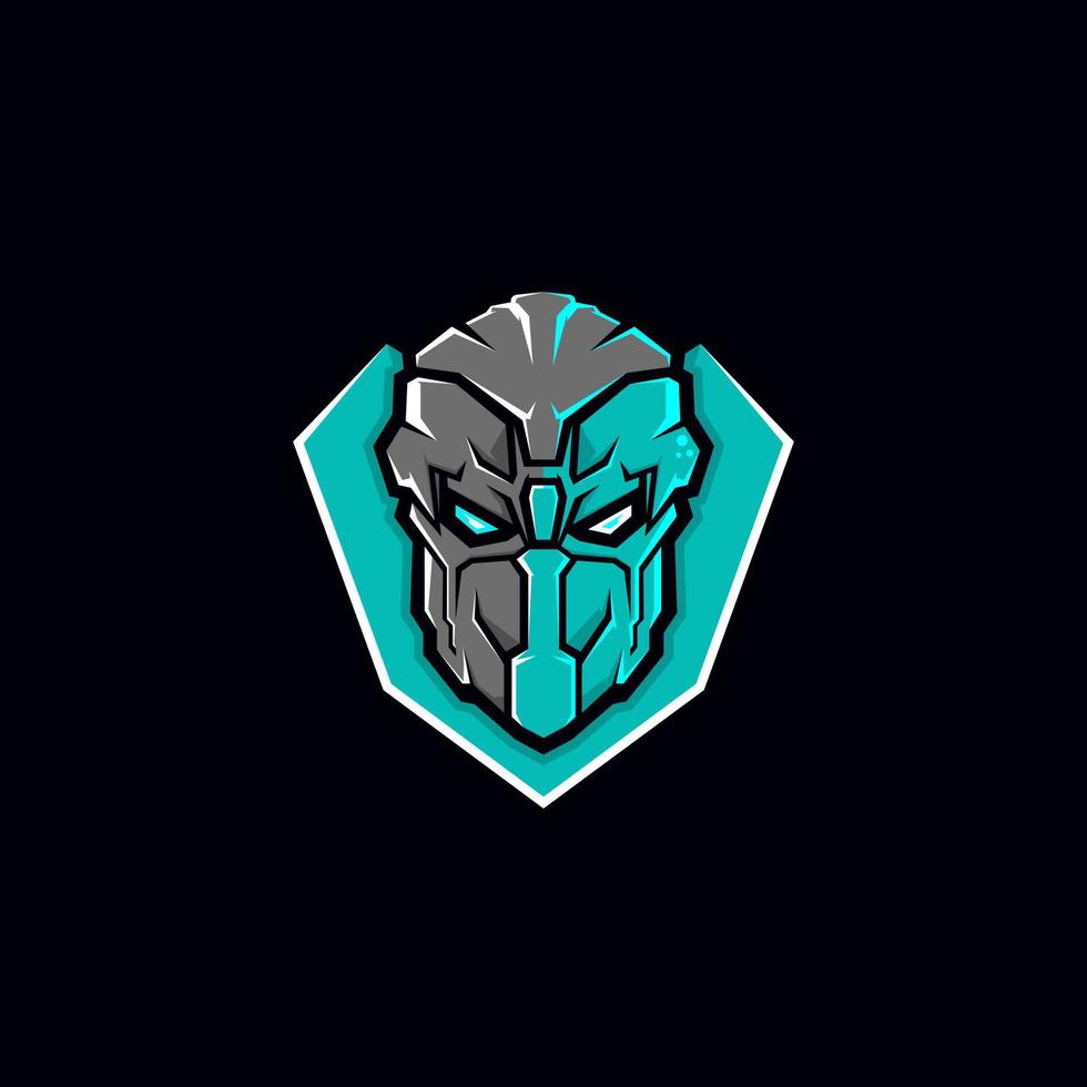 the robot head glares sharply with two shades of gray and light blue logo design vector