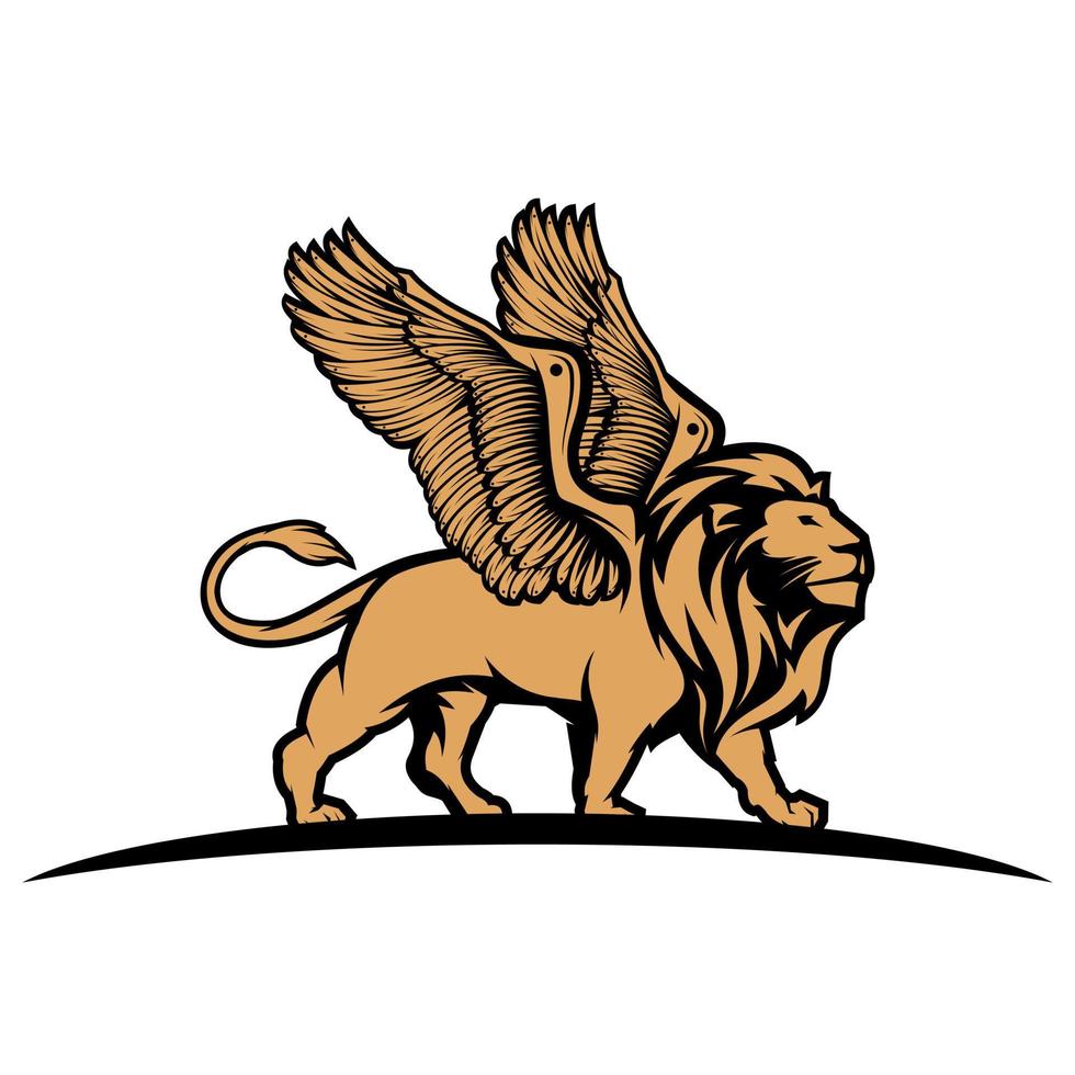 Simple logo brown lion with long mane with wings vector