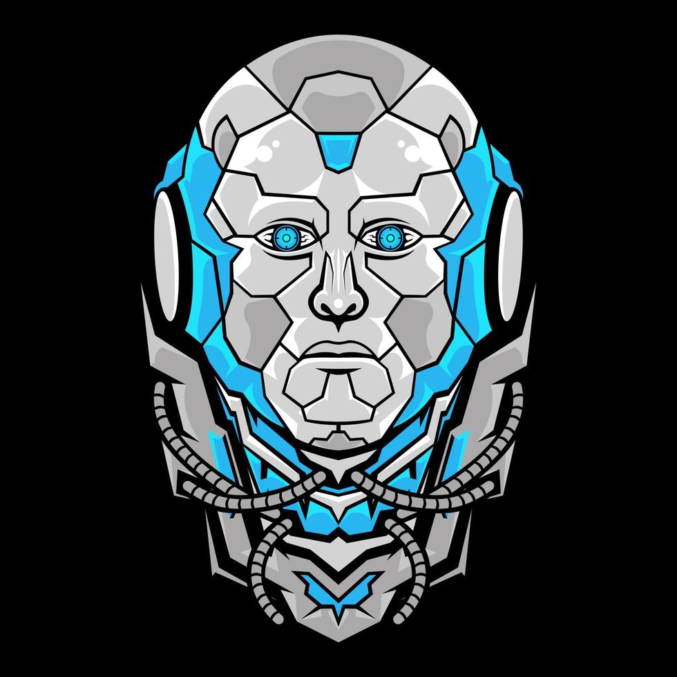 Robot head resembling a human with sharp blue camera eyes with wires around its neck vector