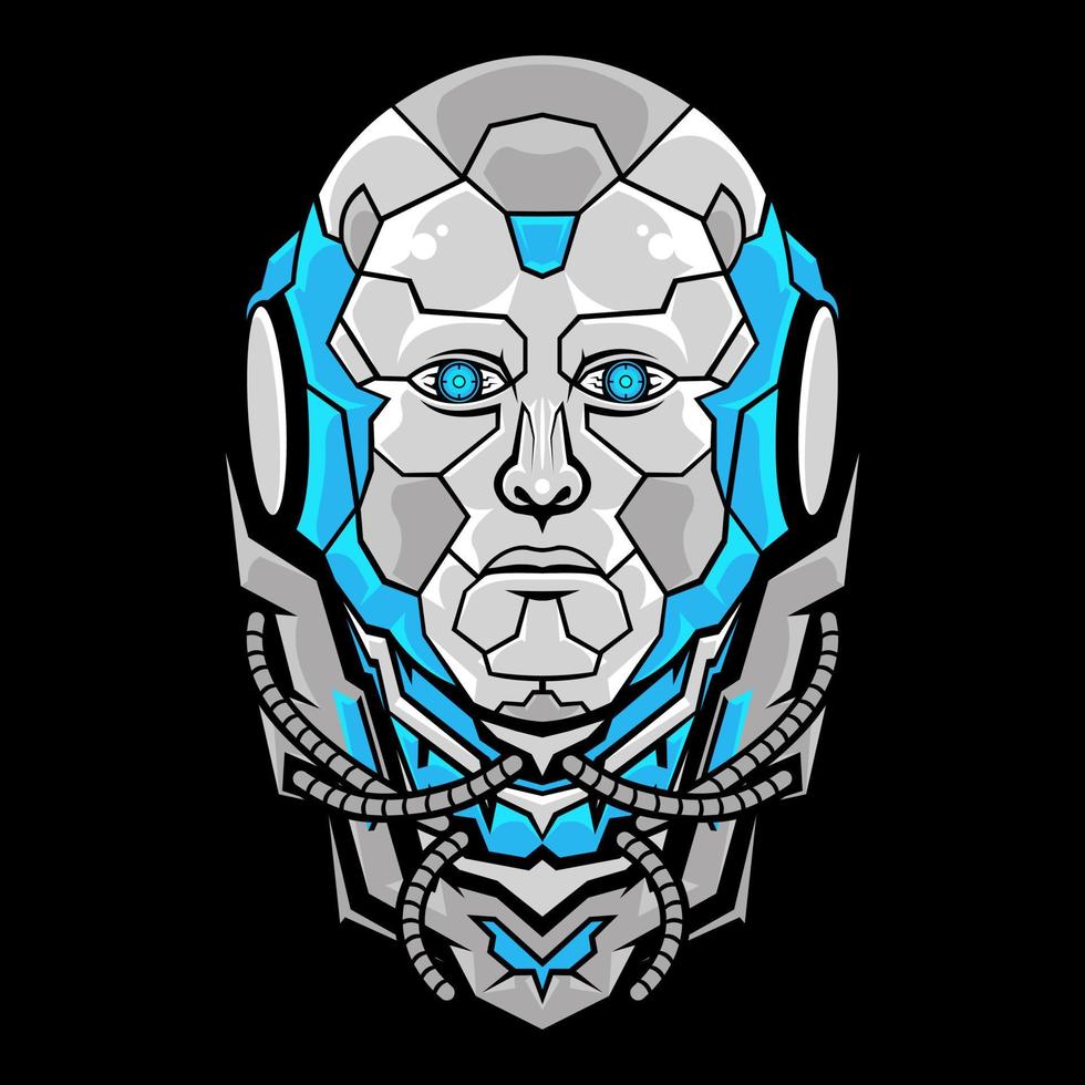 Robot head resembling a human with sharp blue camera eyes with wires around its neck vector