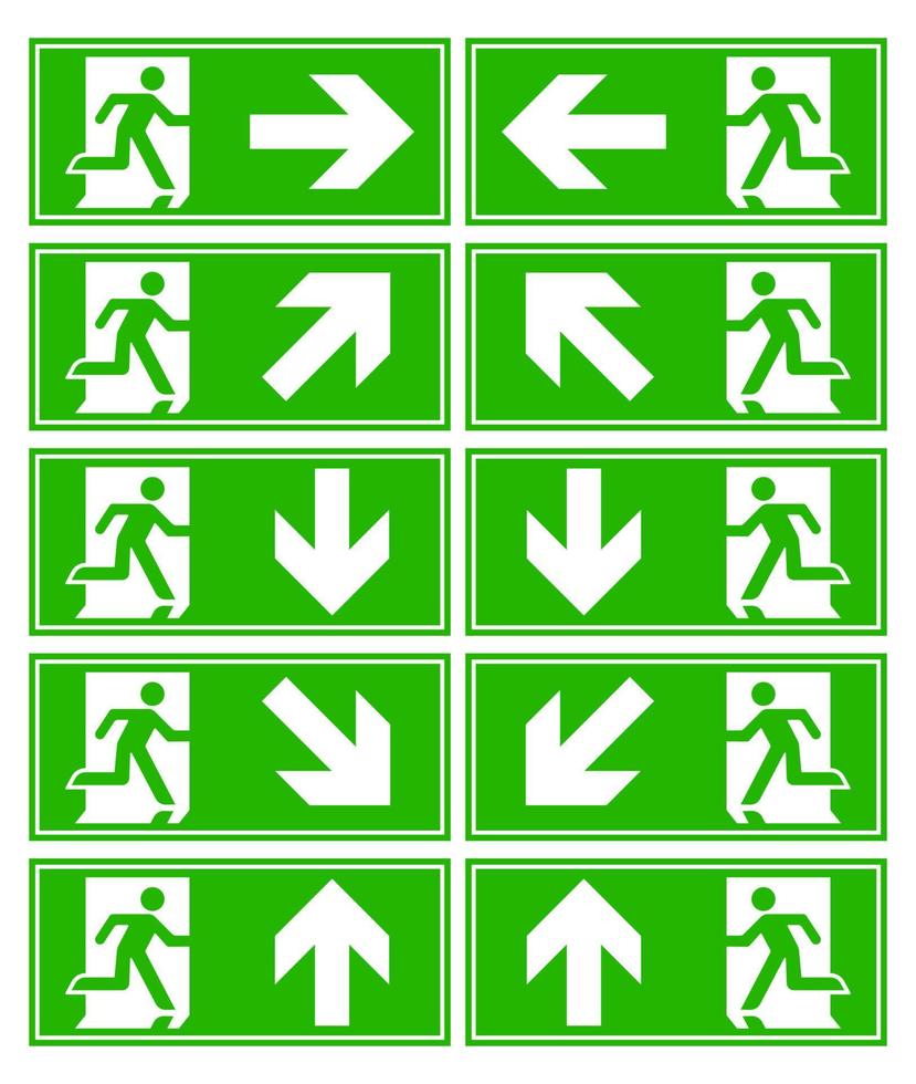 conjunto de señales de salida de emergencia paquete silueta hombre corriendo en la puerta icono de flecha colección de color verde vector