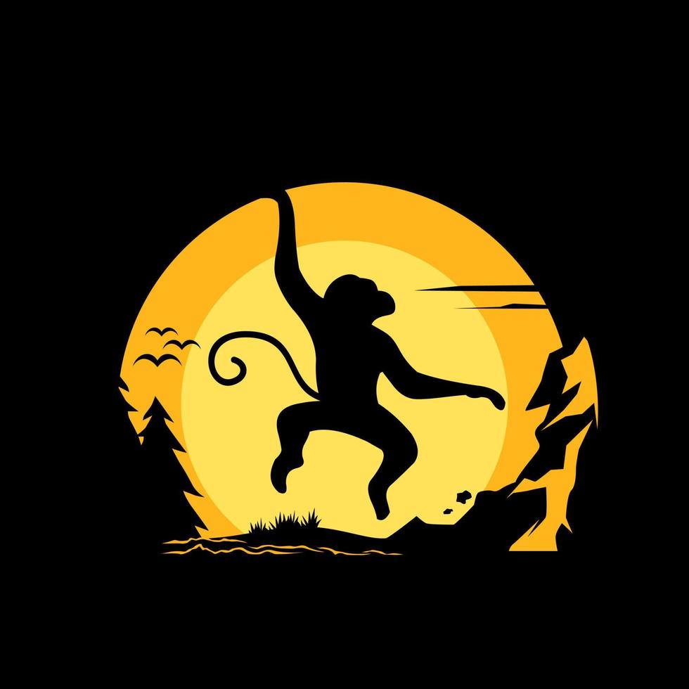 Silhouettes of monkeys hanging in the dark forest and cliffs in the bright moonlight vector