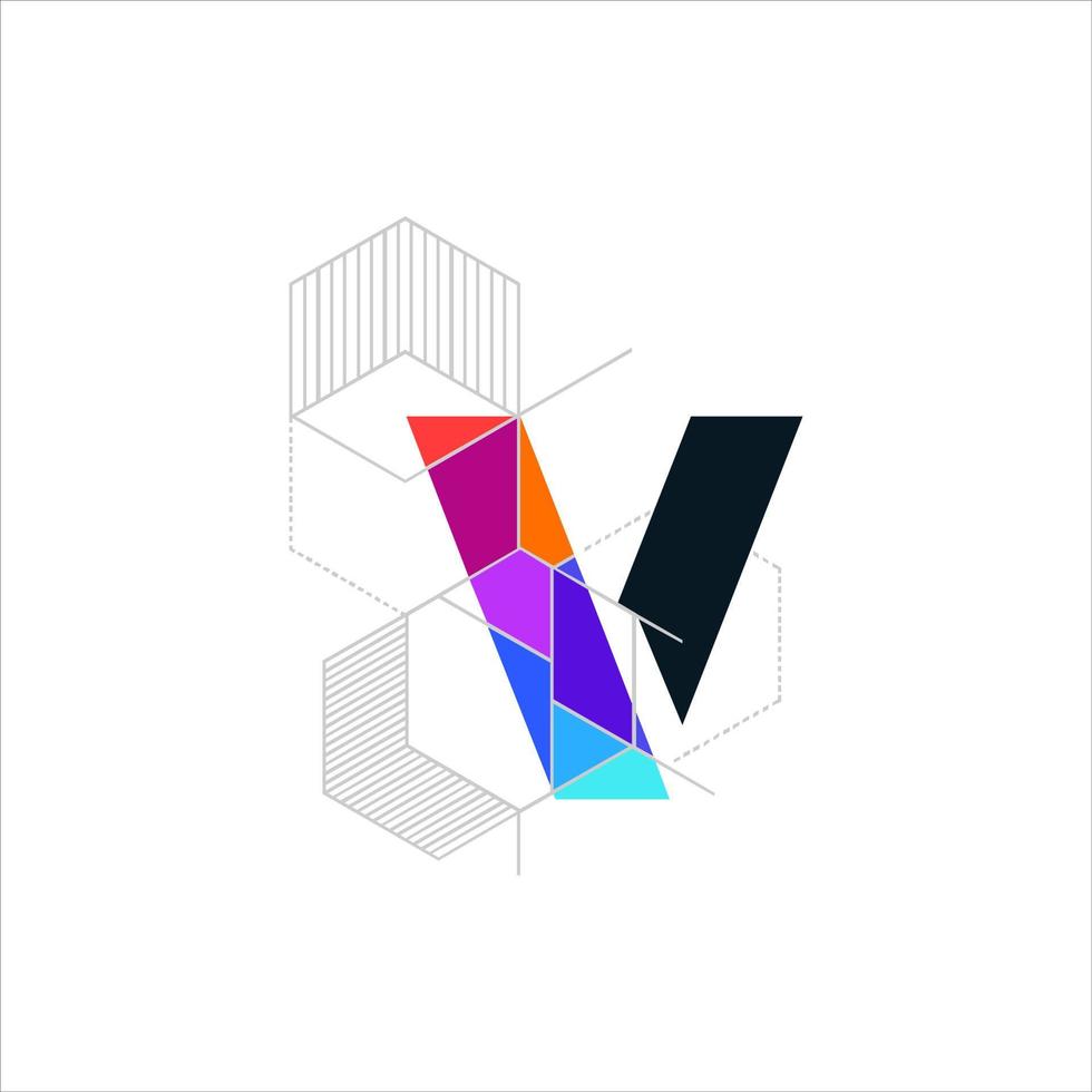 V full color logo with awesome thin lines vector