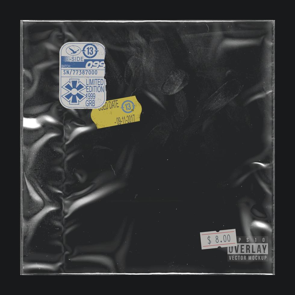 Realistic plastic wrap overlay for album cover art. shrink wrapped plastic sleeve for cover art vector mockup