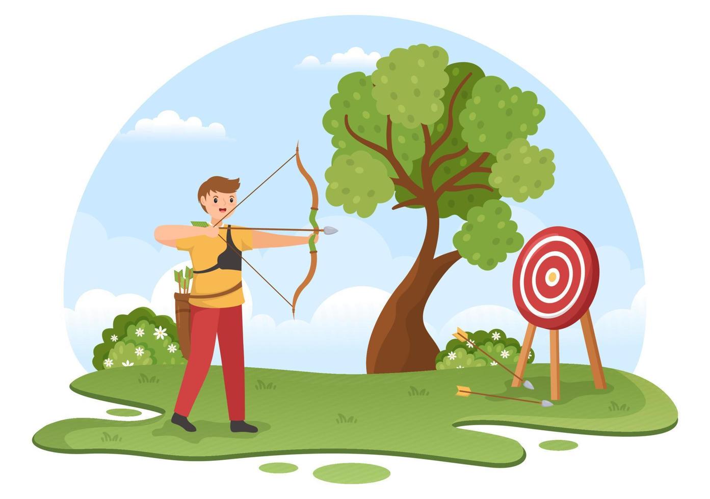 deporte de tiro con arco con arco y flecha apuntando al objetivo para actividades recreativas al aire libre en ilustración de plantilla dibujada a mano de dibujos animados planos vector