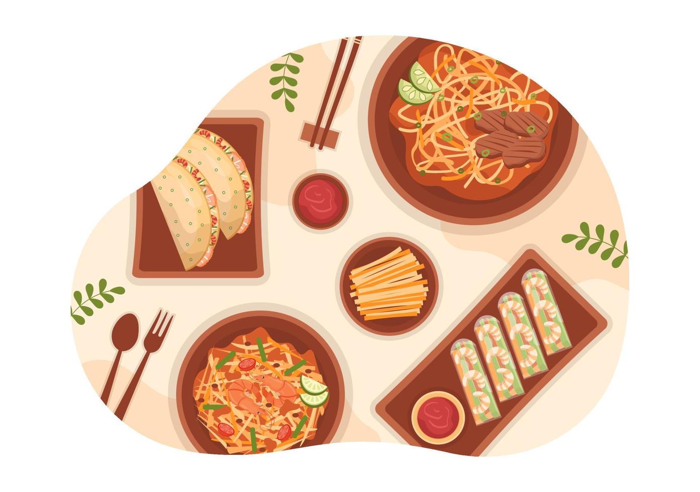 menú de restaurante de comida vietnamita con una colección de varios platos de cocina deliciosos en ilustración de plantillas dibujadas a mano de dibujos animados de estilo plano vector