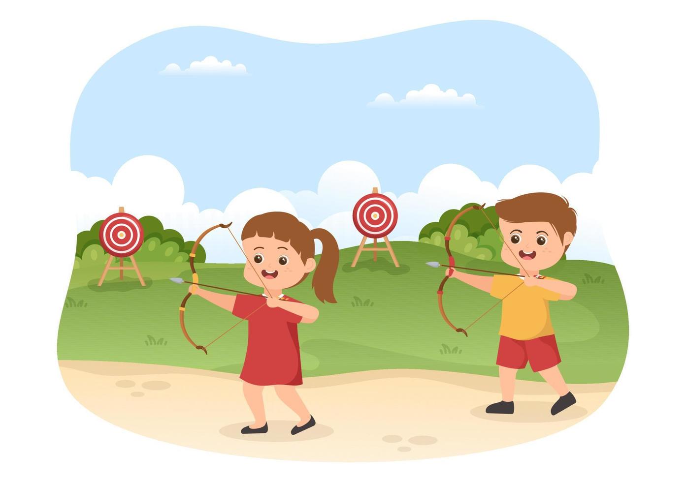deporte de tiro con arco con niños, arco y flecha apuntando al objetivo para actividades recreativas al aire libre en ilustración de plantilla dibujada a mano de caricatura plana vector