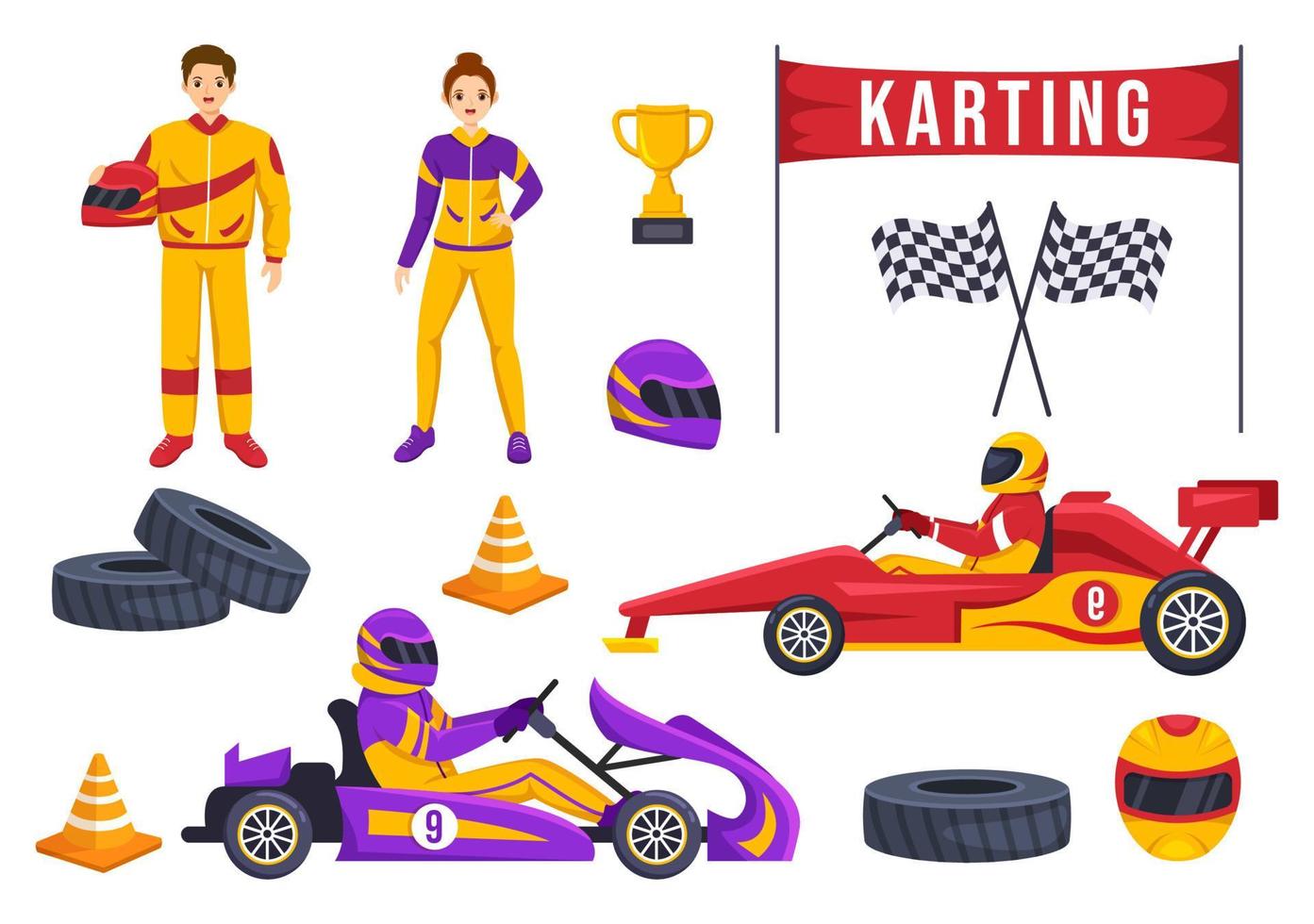 deporte de karting con juego de carreras go kart o mini coche en pista de circuito pequeño en ilustración de plantilla dibujada a mano de dibujos animados planos vector