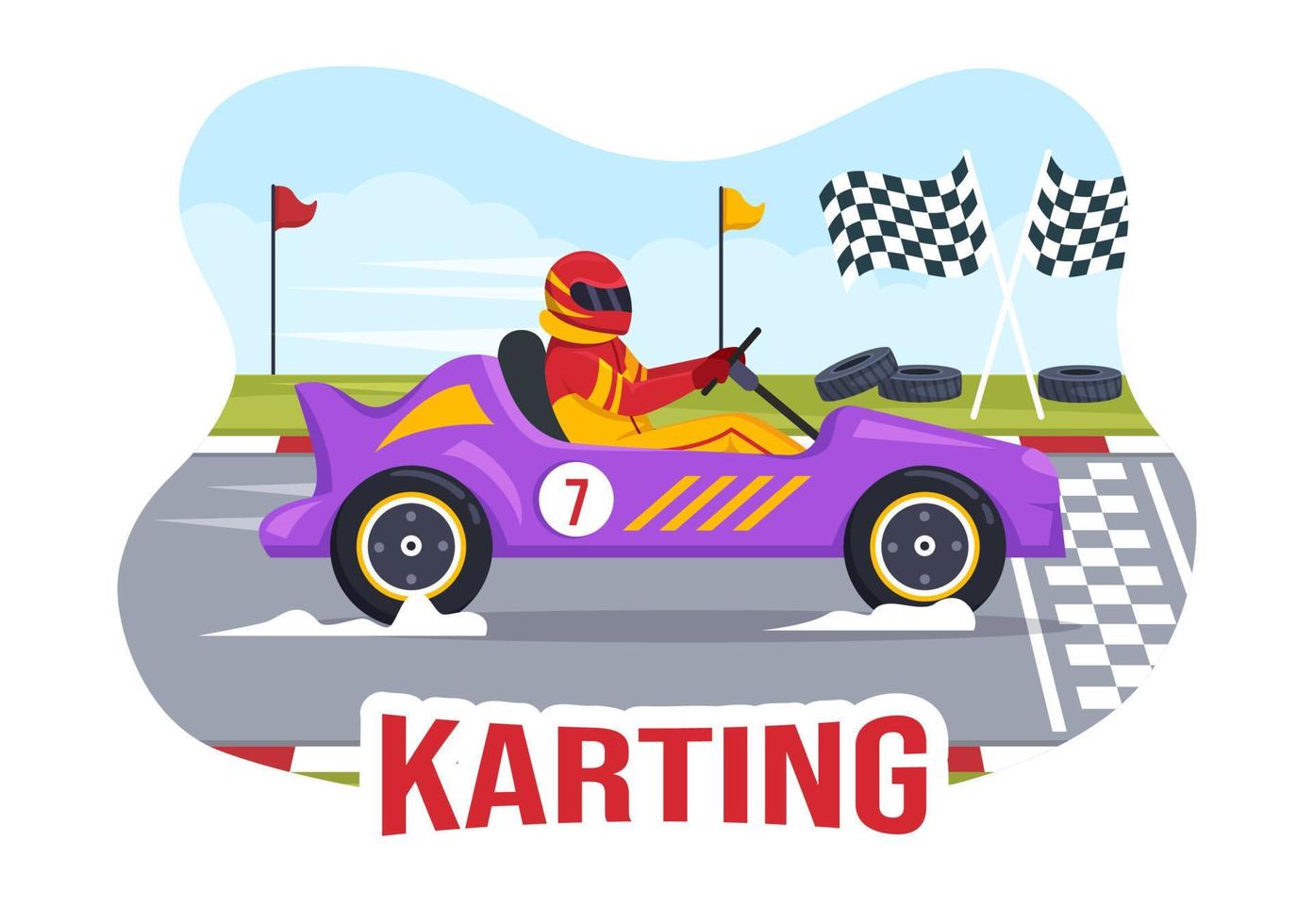 deporte de karting con juego de carreras go kart o mini coche en pista de circuito pequeño en ilustración de plantilla dibujada a mano de dibujos animados planos vector