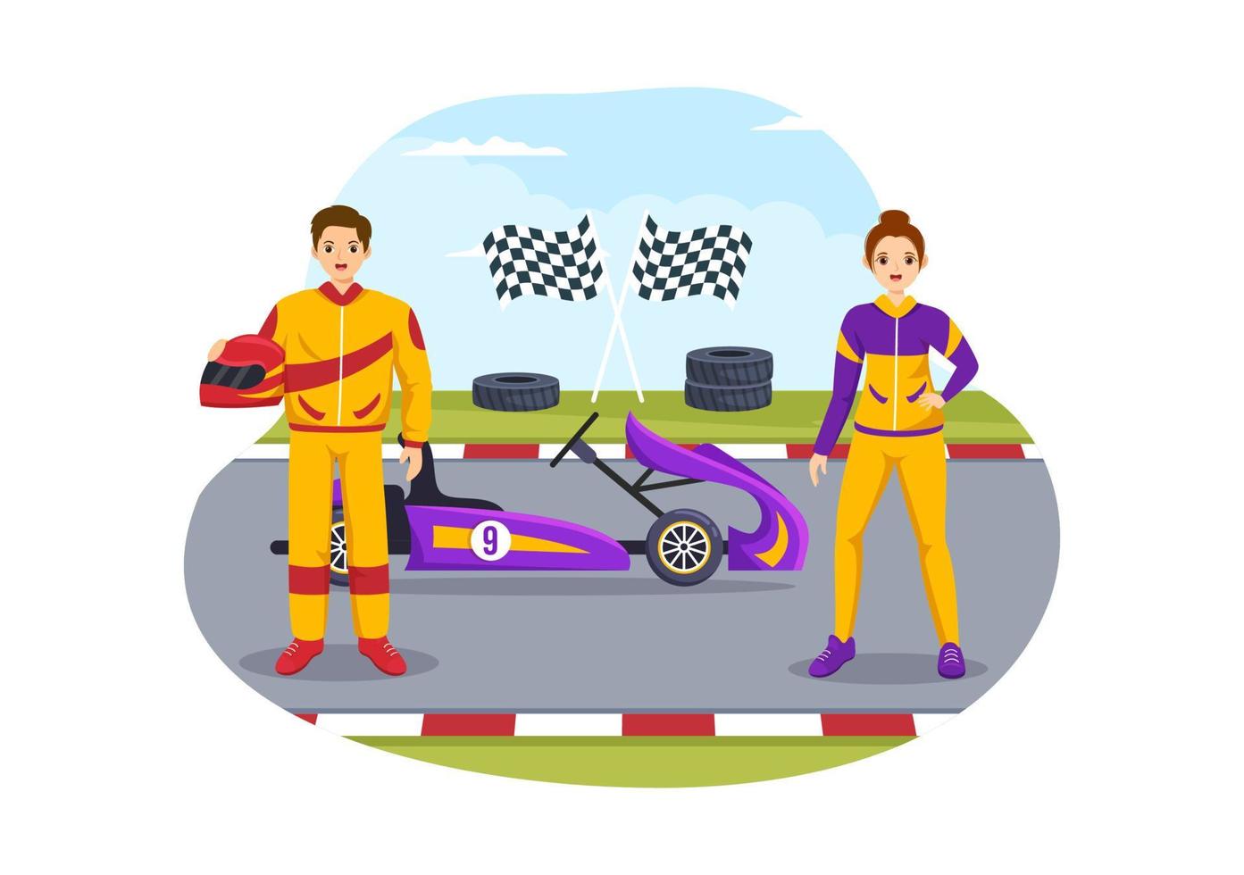 deporte de karting con juego de carreras go kart o mini coche en pista de circuito pequeño en ilustración de plantilla dibujada a mano de dibujos animados planos vector