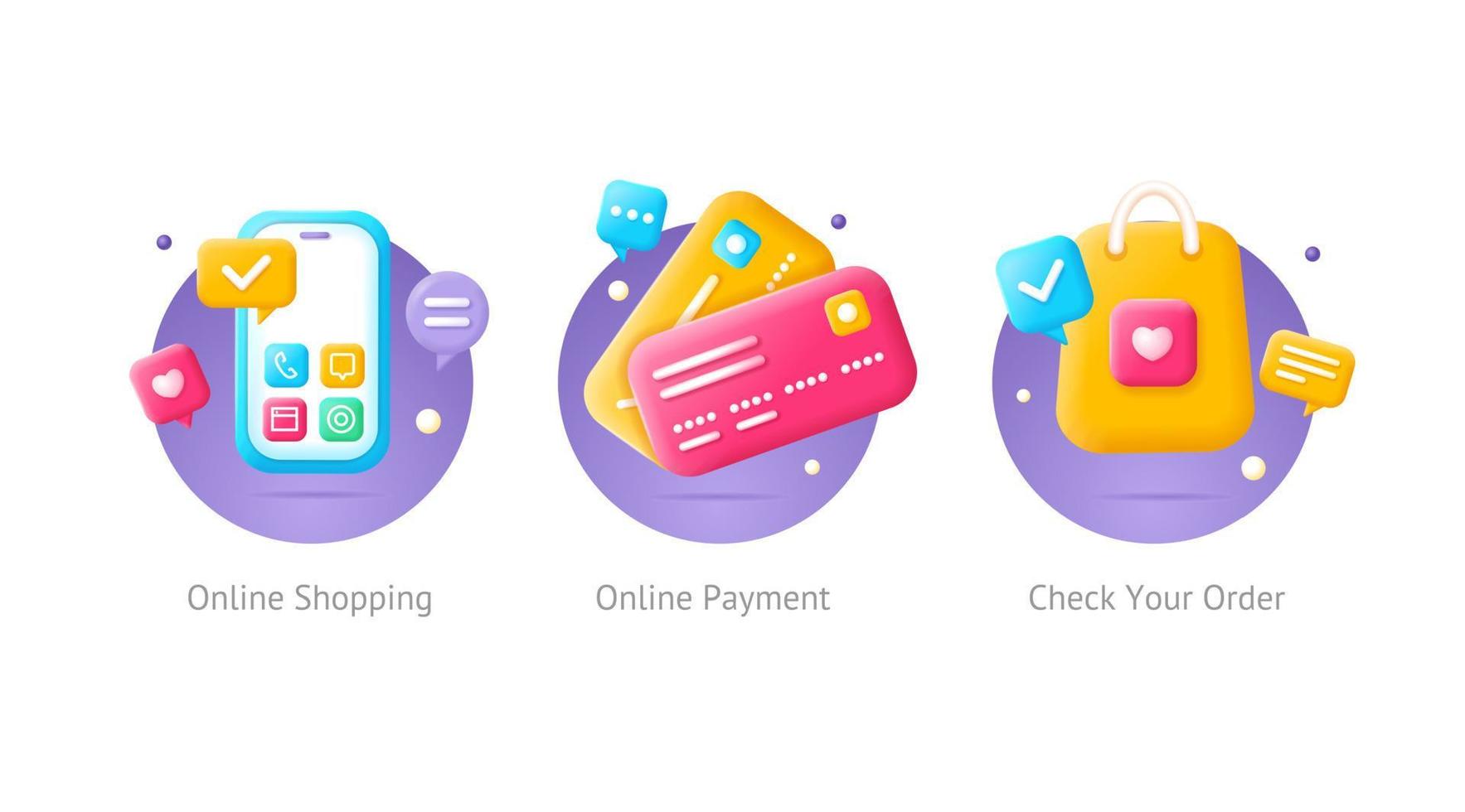 3d Online Shopping Icon Set Plasticine Cartoon Style. Vector
