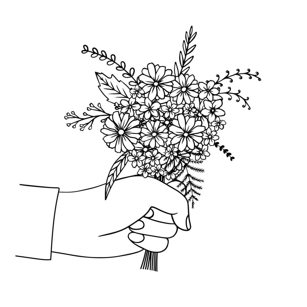 mano sosteniendo un ramo. flores en la mano. ilustración vectorial estilo garabato vector