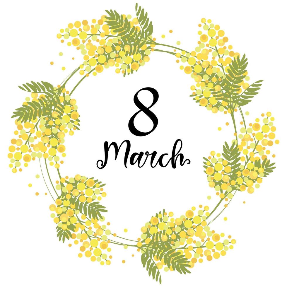 Happy Women's Day Greeting Cards. 8 March with yellow flowers wreath vector