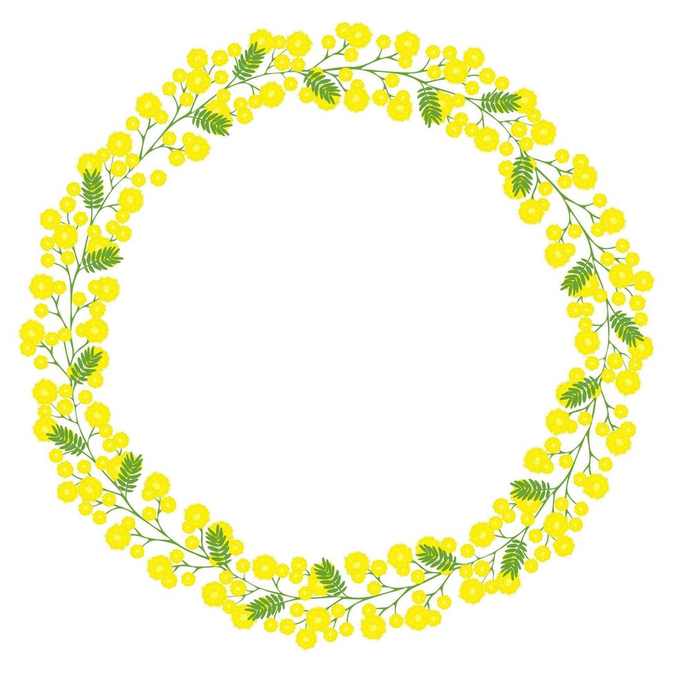 Wreath with mimosa. Vector illustration. Round frame.