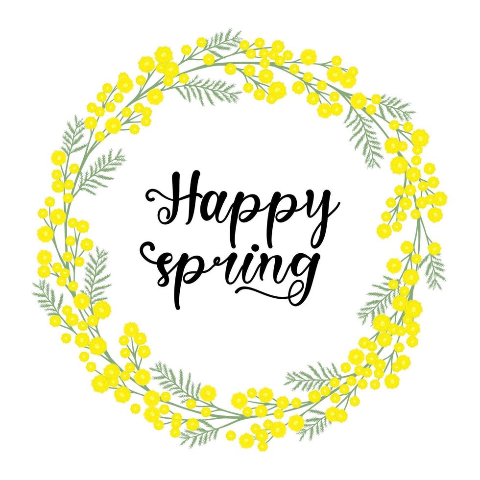 Wreath with mimosa twigs. Vector illustration. Happy Spring. Round frame.