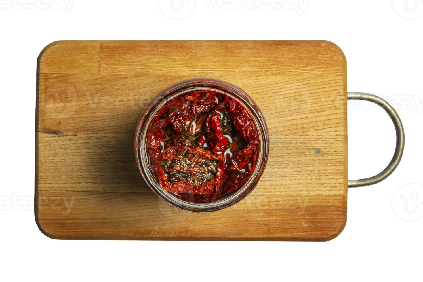 Background of sun-dried tomatoes with spices and salt in olive oil. Top view. png