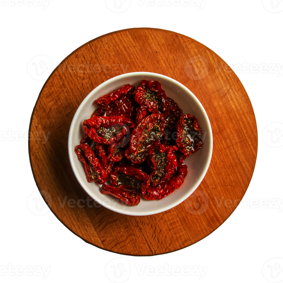 Background of sun-dried tomatoes with spices and salt in olive oil. Top view. png