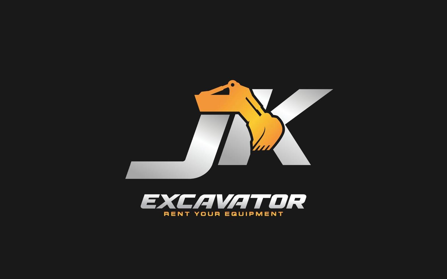 JK logo excavator for construction company. Heavy equipment template vector illustration for your brand.