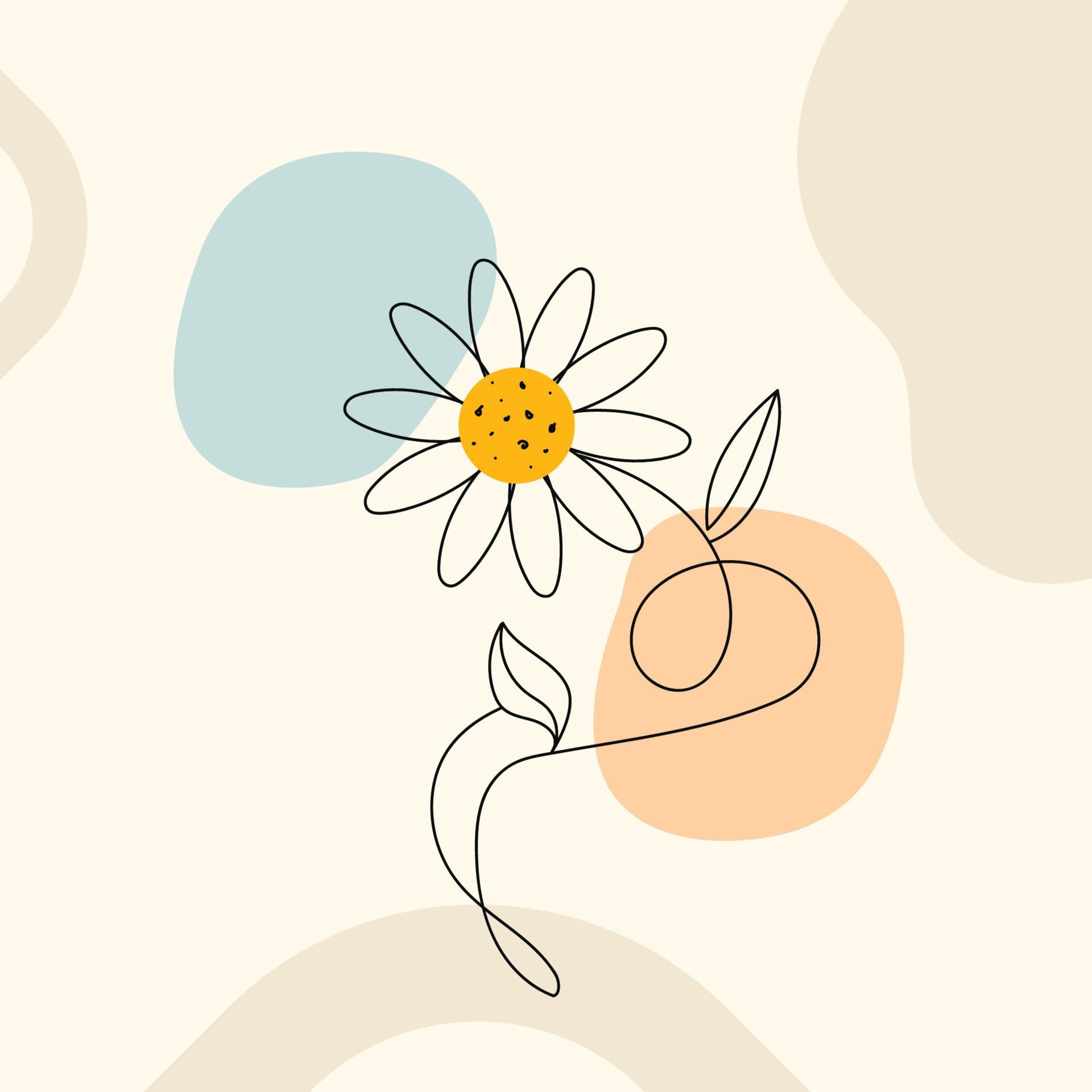 Line Art Abstract Vector Flower with Doodle Organic Shapes, Modern