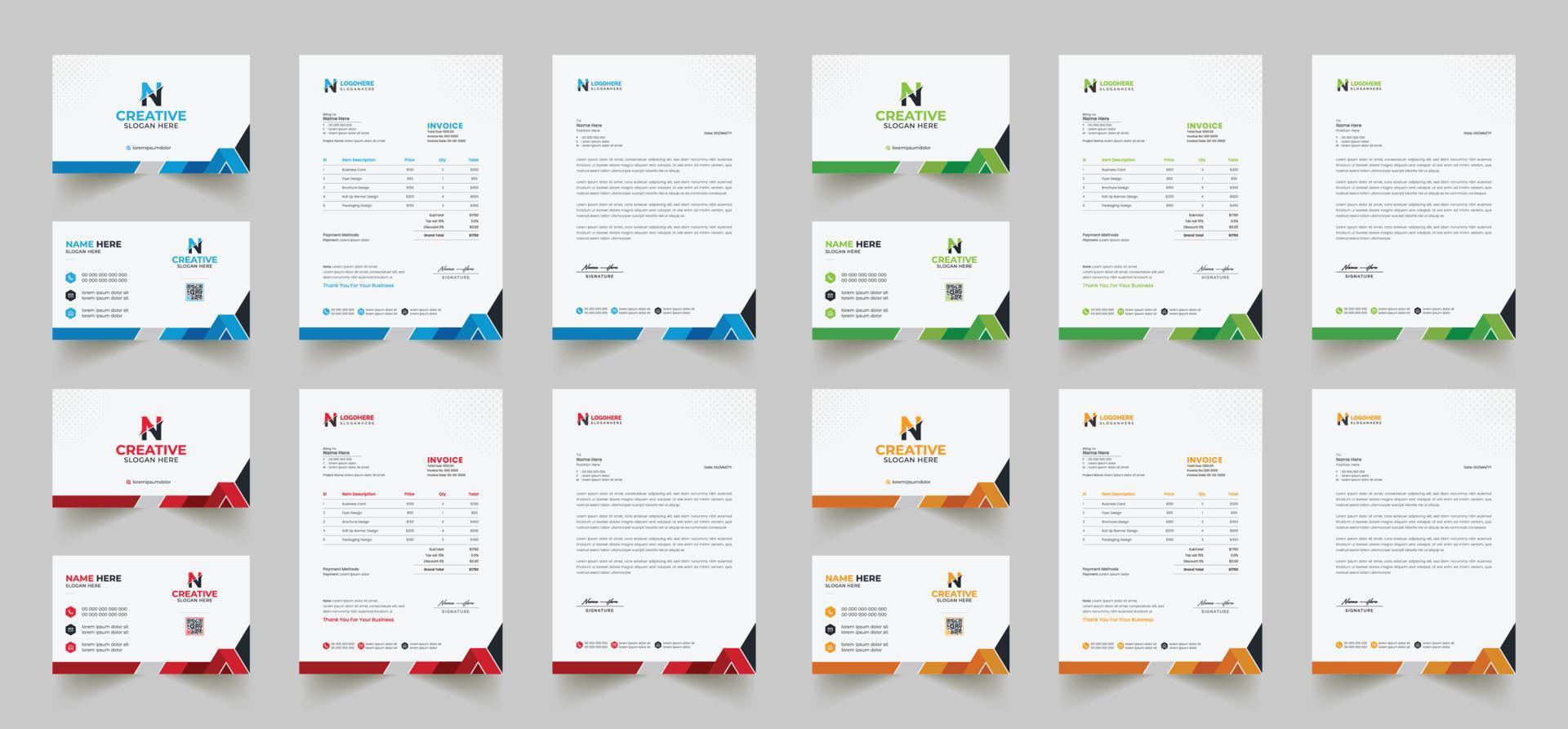 el diseño de identidad de marca corporativa incluye tarjetas de presentación, facturas, diseños de membretes y paquetes de papelería modernos con plantillas abstractas vector