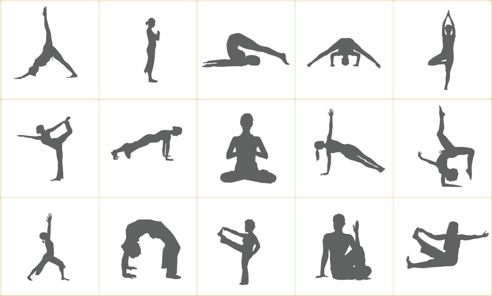 conjunto de iconos vectoriales de mujer haciendo ejercicios de yoga. siluetas de chica flexible estirando su cuerpo en diferentes poses de yoga. formas negras de mujer aisladas sobre fondo blanco. vector