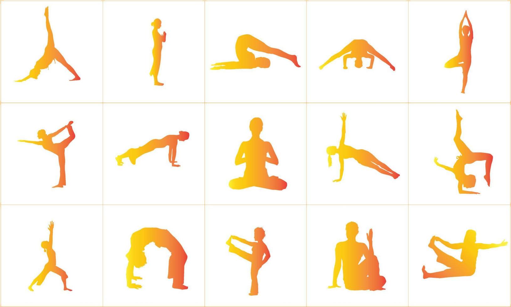 Set of vector icons of woman doing yoga exercises. Silhouettes of flexible girl stretching her body in different yoga poses. Gradient color shapes of woman isolated on white background.