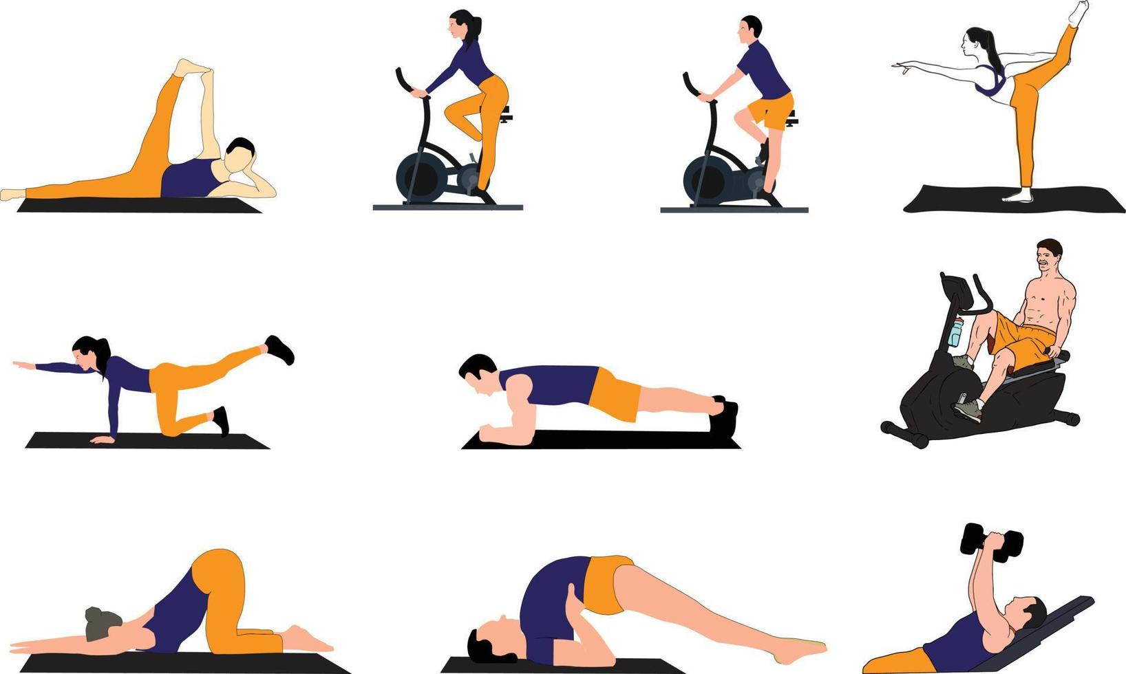 Workout girl and boy set. Both are doing fitness and yoga exercises. Lunges and squats, plank and abc. Full body workout. vector