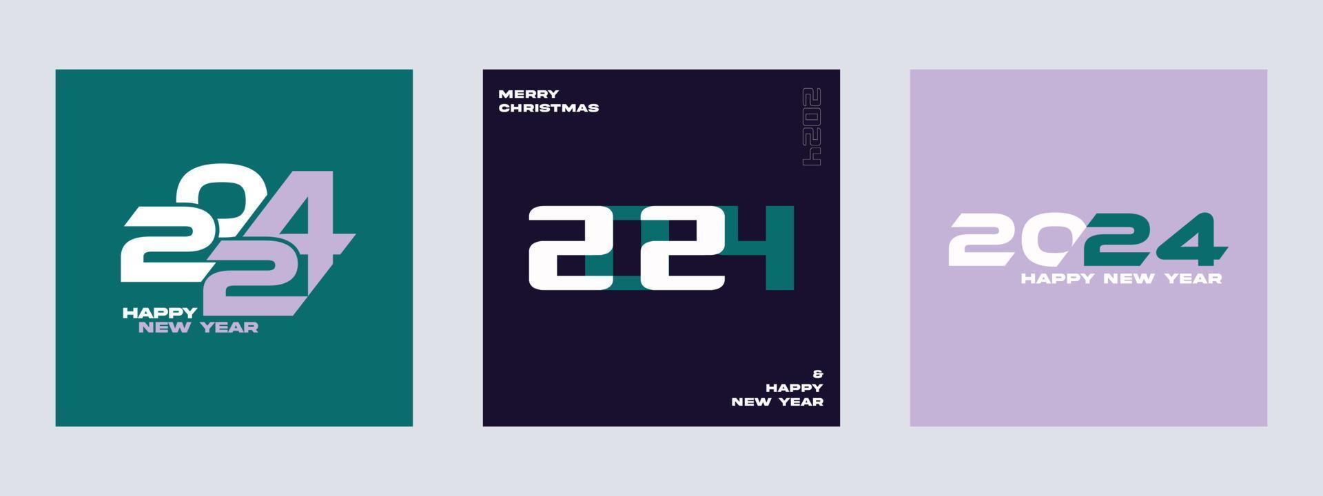 2024 creative concept Set of Happy New Year posters. Design templates for celebration and season decoration using the typographic logo 2023. Trendy minimal backgrounds for branding, banners, covers vector