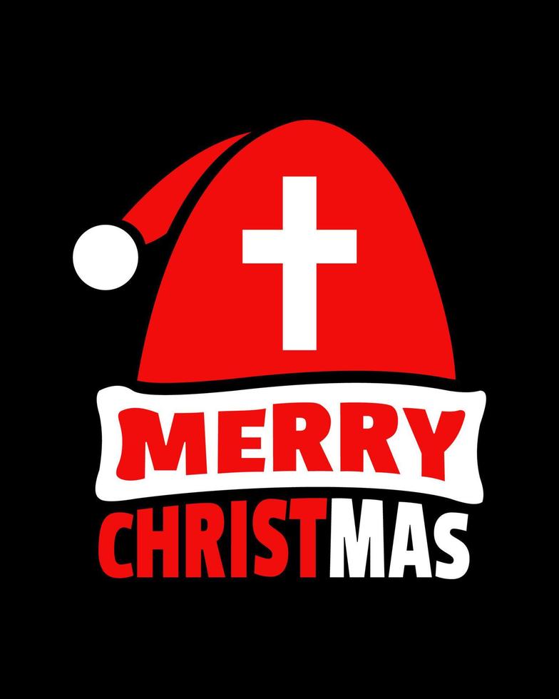 Merry christmas typography on black background with red santa claus's hat. Vector file.