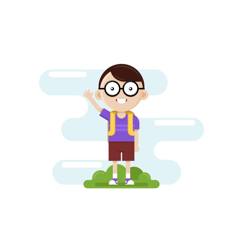 ilustración vectorial, lindo personaje de un niño con anteojos que lleva una mochila escolar. vector